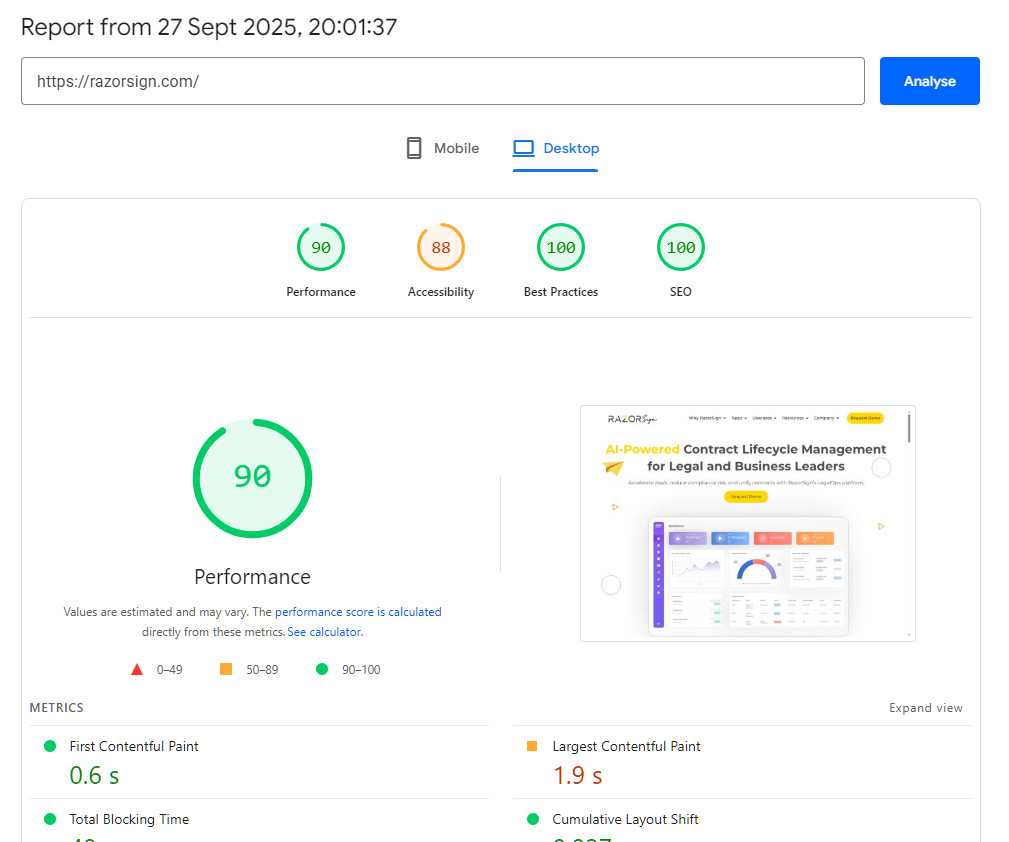 Razorsign PageSpeed Insights Report Screenshot