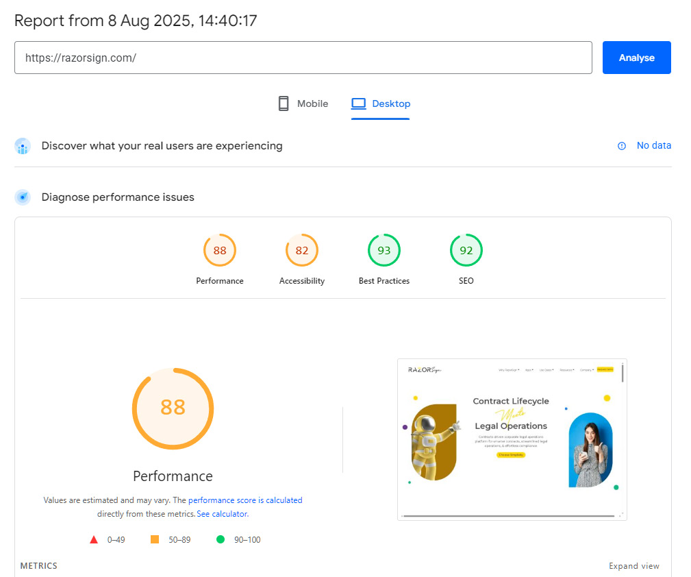 Razorsign PageSpeed Insights Report Screenshot - Existing